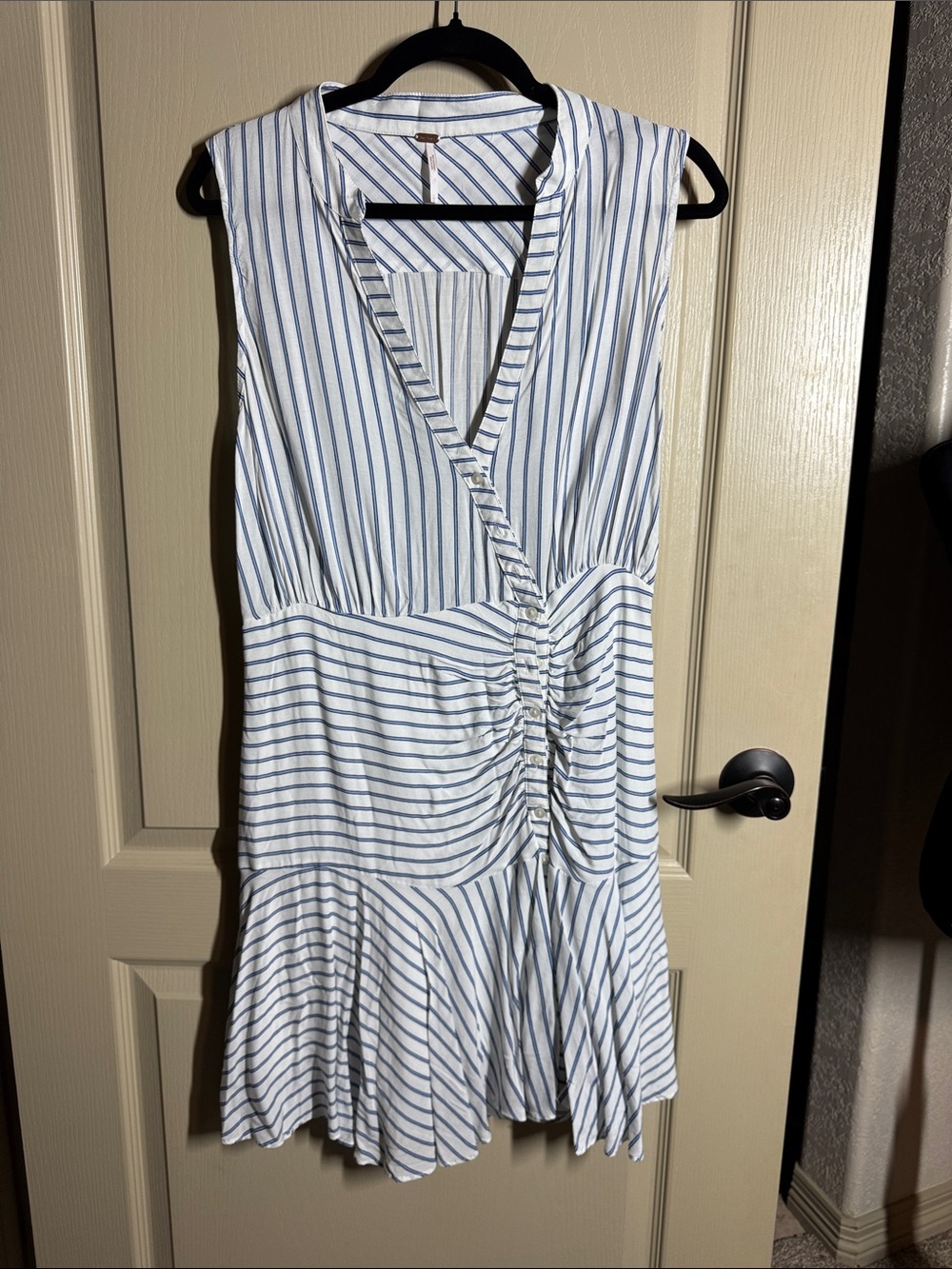 Free People White and Blue Striped Ruched Mini Dress